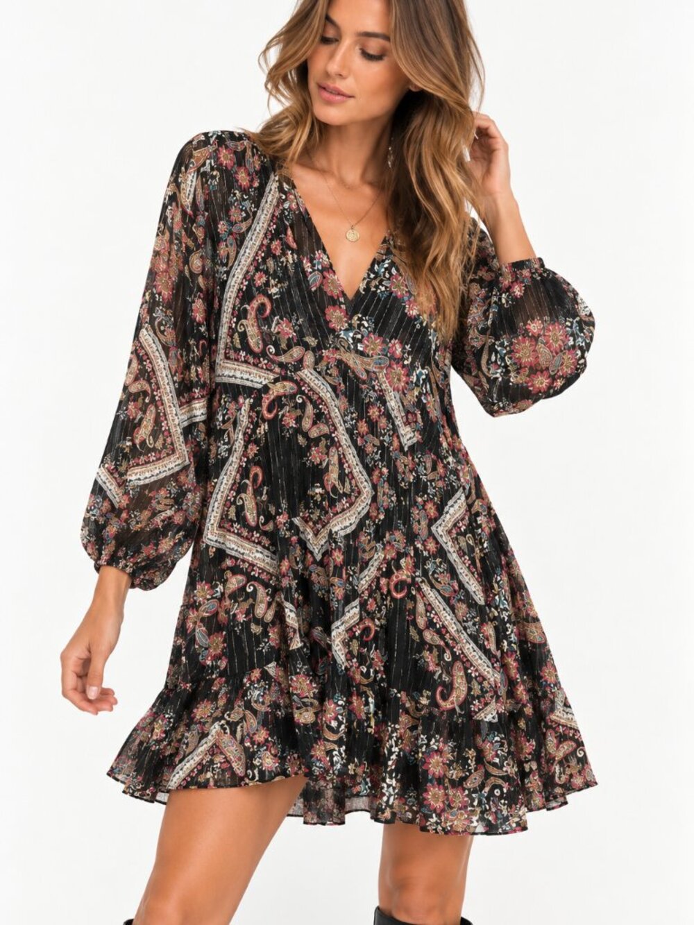 Zara Womens Floral Paisley Pleated Mini Dress XL Metallic Boho Whimsigoth Fairy